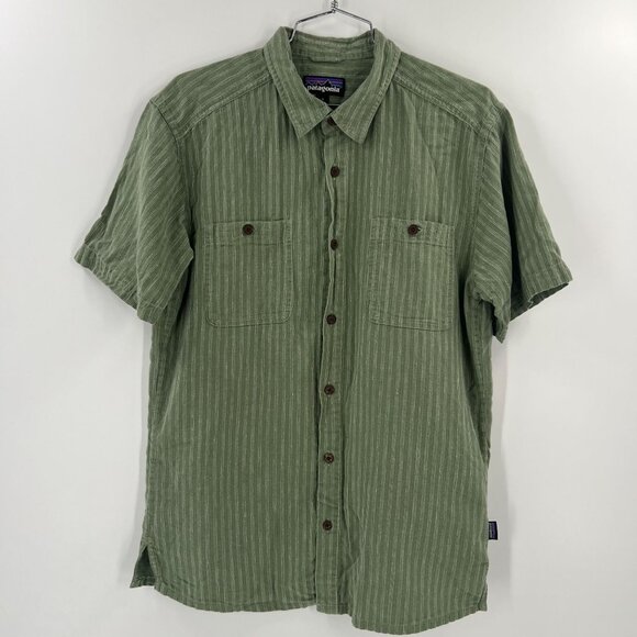 Patagonia Men's M Back Step Shirt Hemp Organic Cotton Green Stripe Outdoor - Picture 1 of 12